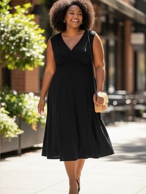 Chaps Black V-Neck Faux-Wrap Midi Dress PXL
